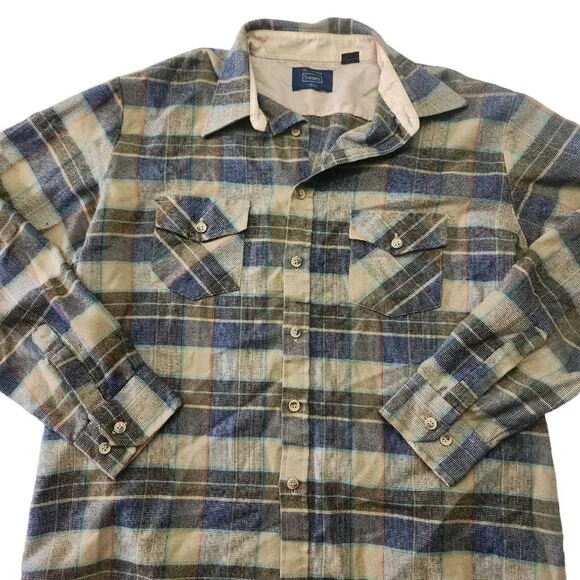 Vintage Sears Flannel Shirt Men Extra Large XL 17 Blue Plaid Long Sleeve Grunge - Picture 3 of 8